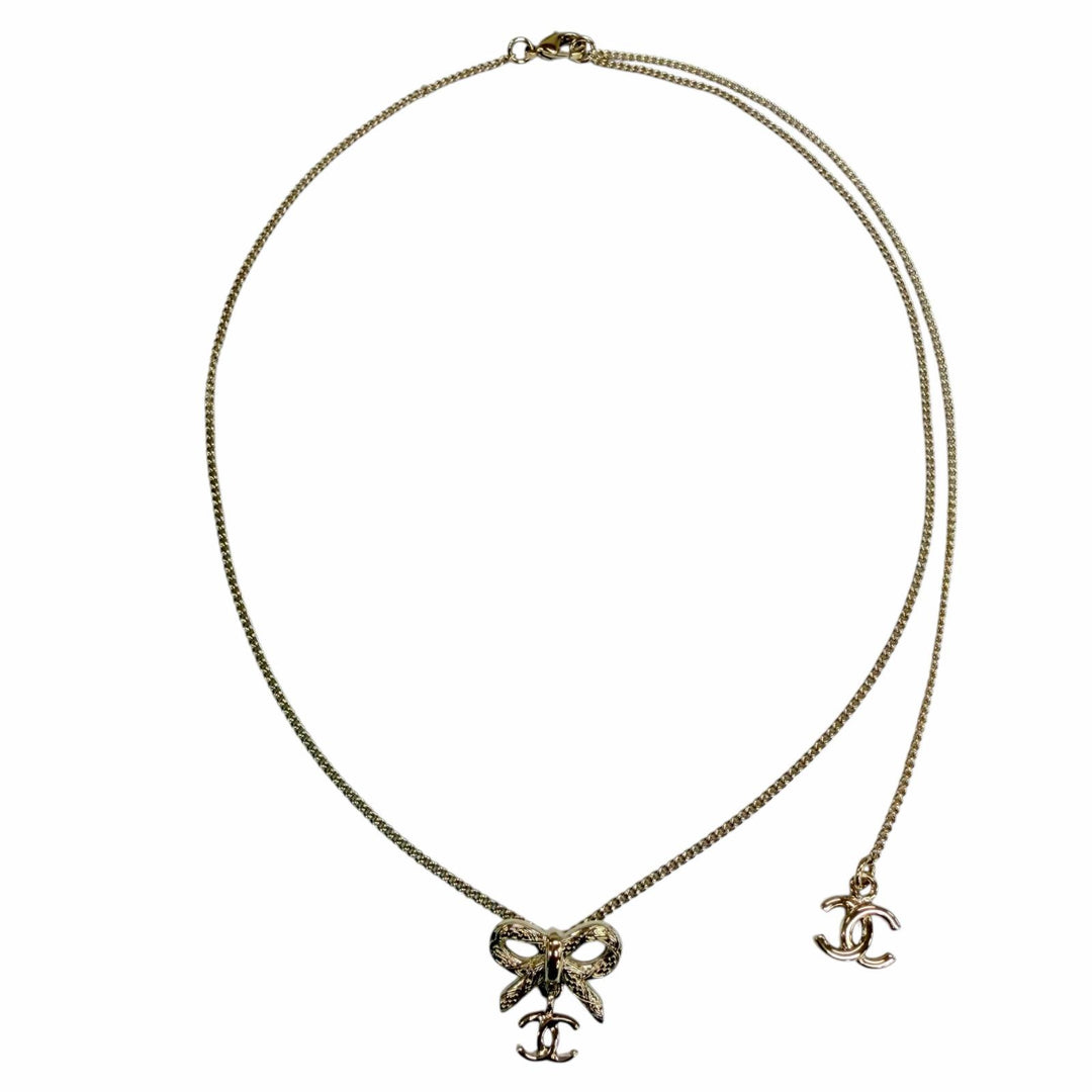 Excellent CHANEL Necklace COCO Mark Ribbon 2-Way Accessory gold Women B25K