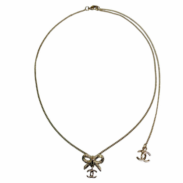 Excellent CHANEL Necklace COCO Mark Ribbon 2-Way Accessory gold Women B25K