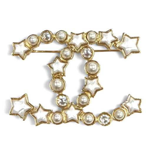 Excellent CHANEL Brooch COCO Mark Rhinestone Eco Pearl Star white Women B24C
