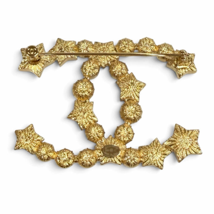 Excellent CHANEL Brooch COCO Mark Rhinestone Eco Pearl Star white Women B24C