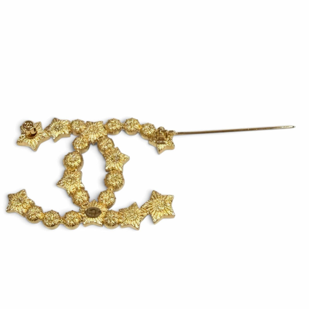 Excellent CHANEL Brooch COCO Mark Rhinestone Eco Pearl Star white Women B24C