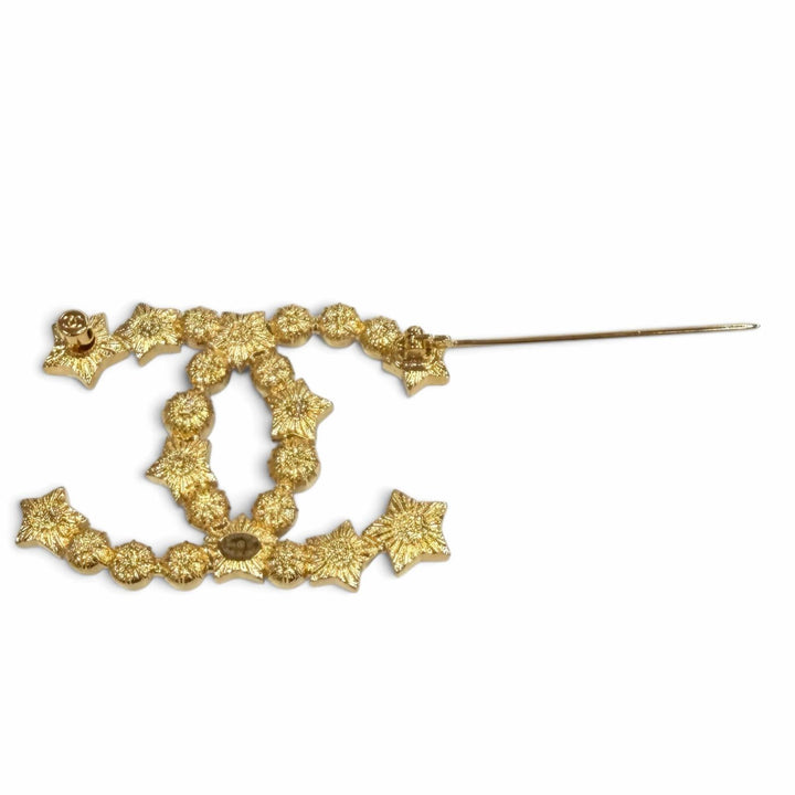 Excellent CHANEL Brooch COCO Mark Rhinestone Eco Pearl Star white Women B24C