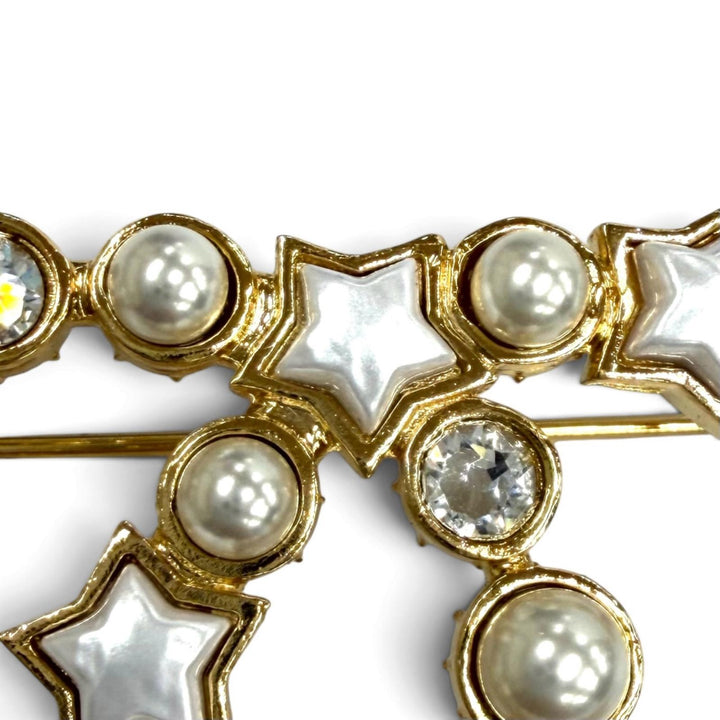 Excellent CHANEL Brooch COCO Mark Rhinestone Eco Pearl Star white Women B24C