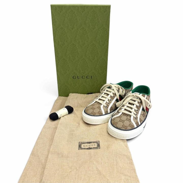 Pristine GUCCI Low cut sneakers Tennis 1977 Sherry Line beige GG canvas mens 6.5