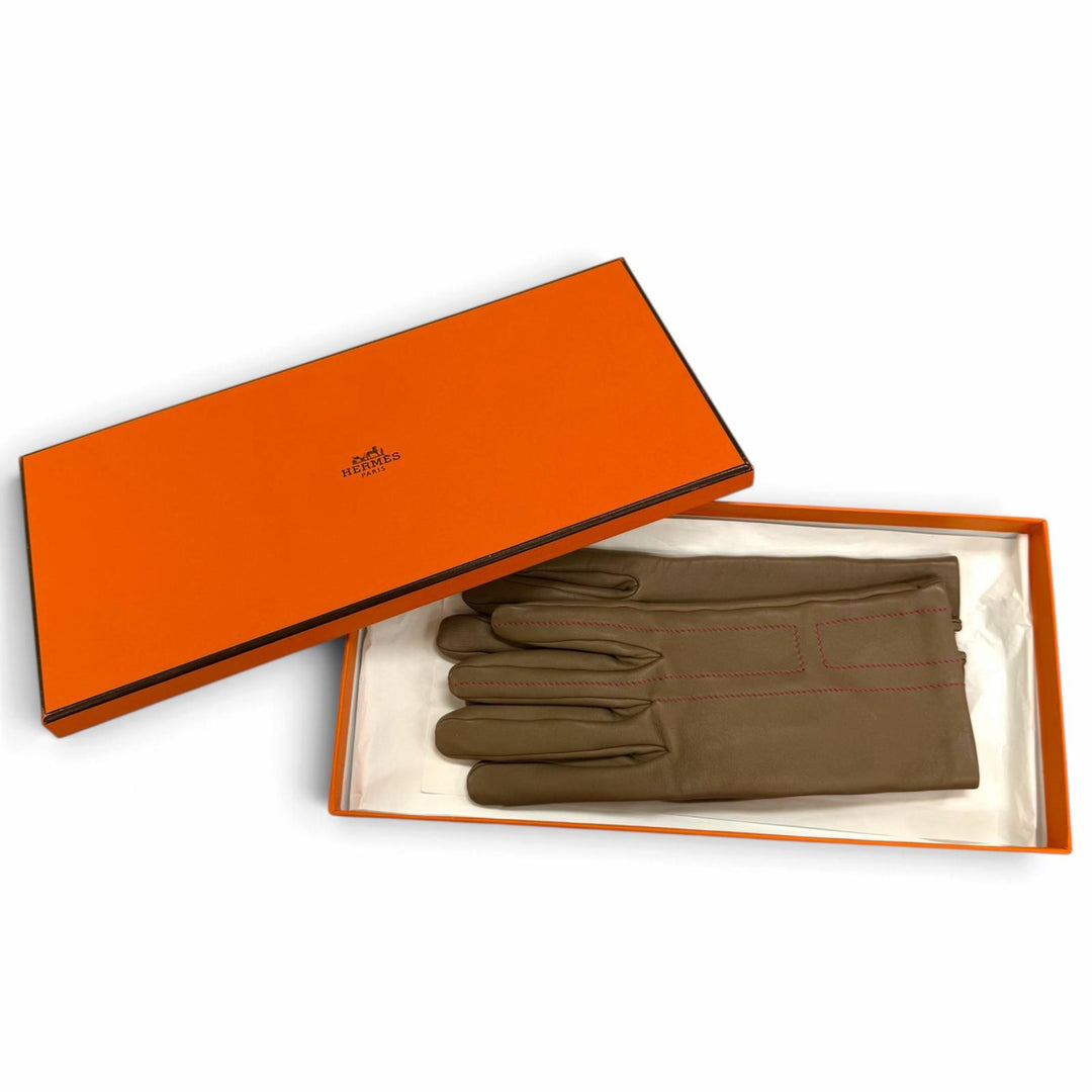 Excellent HERMES gloves H-stitch leather gloves Brown Lamb leather Women 7