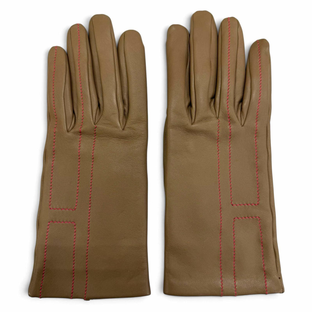 Excellent HERMES gloves H-stitch leather gloves Brown Lamb leather Women 7