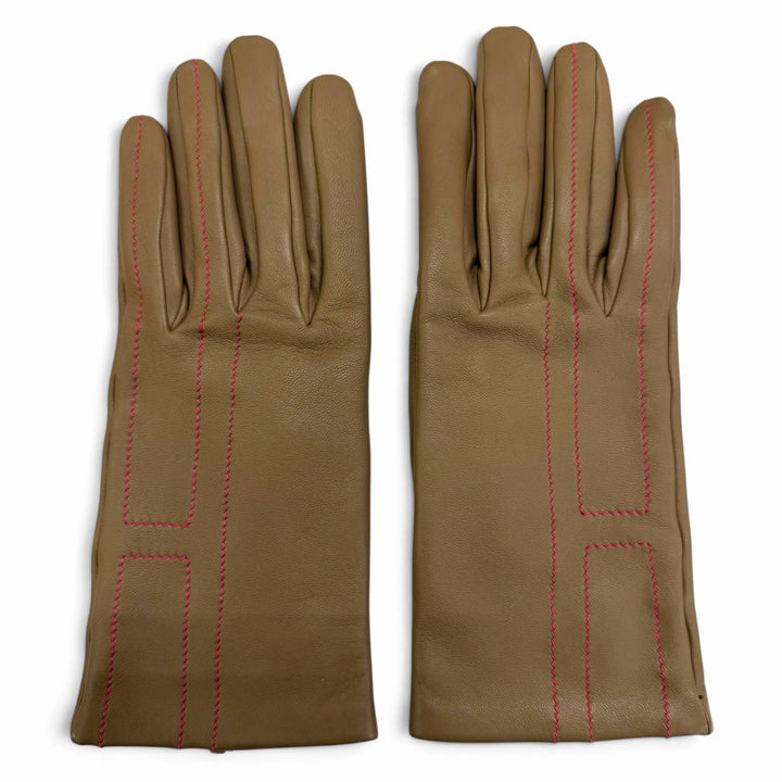 Excellent HERMES gloves H-stitch leather gloves Brown Lamb leather Women 7