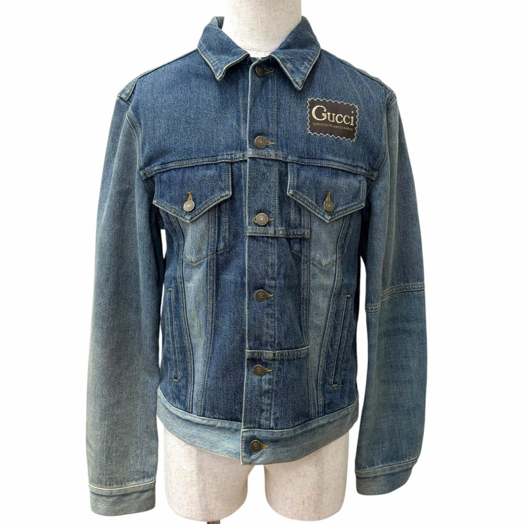 Excellent GUCCI Denim Jacket Vintage-style logo patch patchwork trucker jacket