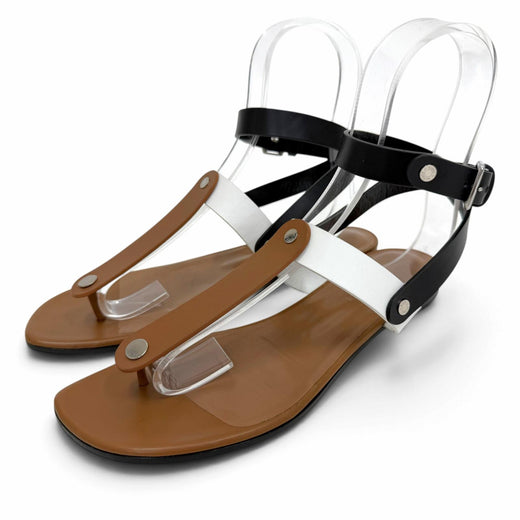 Great HERMES Sandals Sellier Button Ankle Strap Leather Thong Brown 37