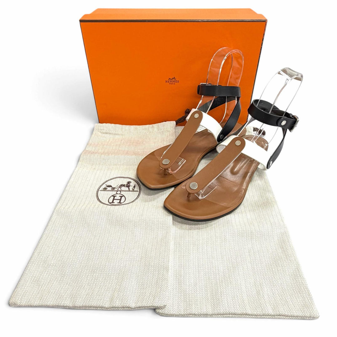 Great HERMES Sandals Sellier Button Ankle Strap Leather Thong Brown 37