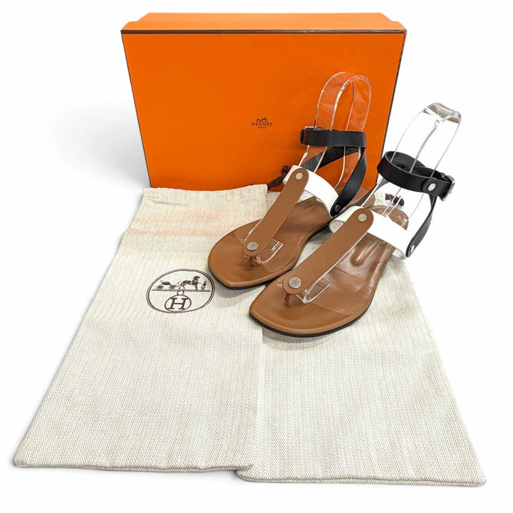 Great HERMES Sandals Sellier Button Ankle Strap Leather Thong Brown 37