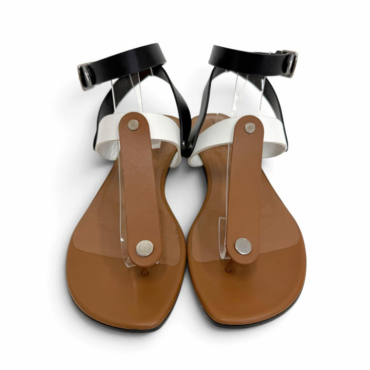 Great HERMES Sandals Sellier Button Ankle Strap Leather Thong Brown 37