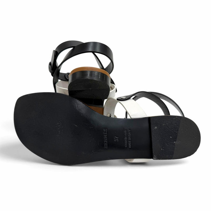 Great HERMES Sandals Sellier Button Ankle Strap Leather Thong Brown 37