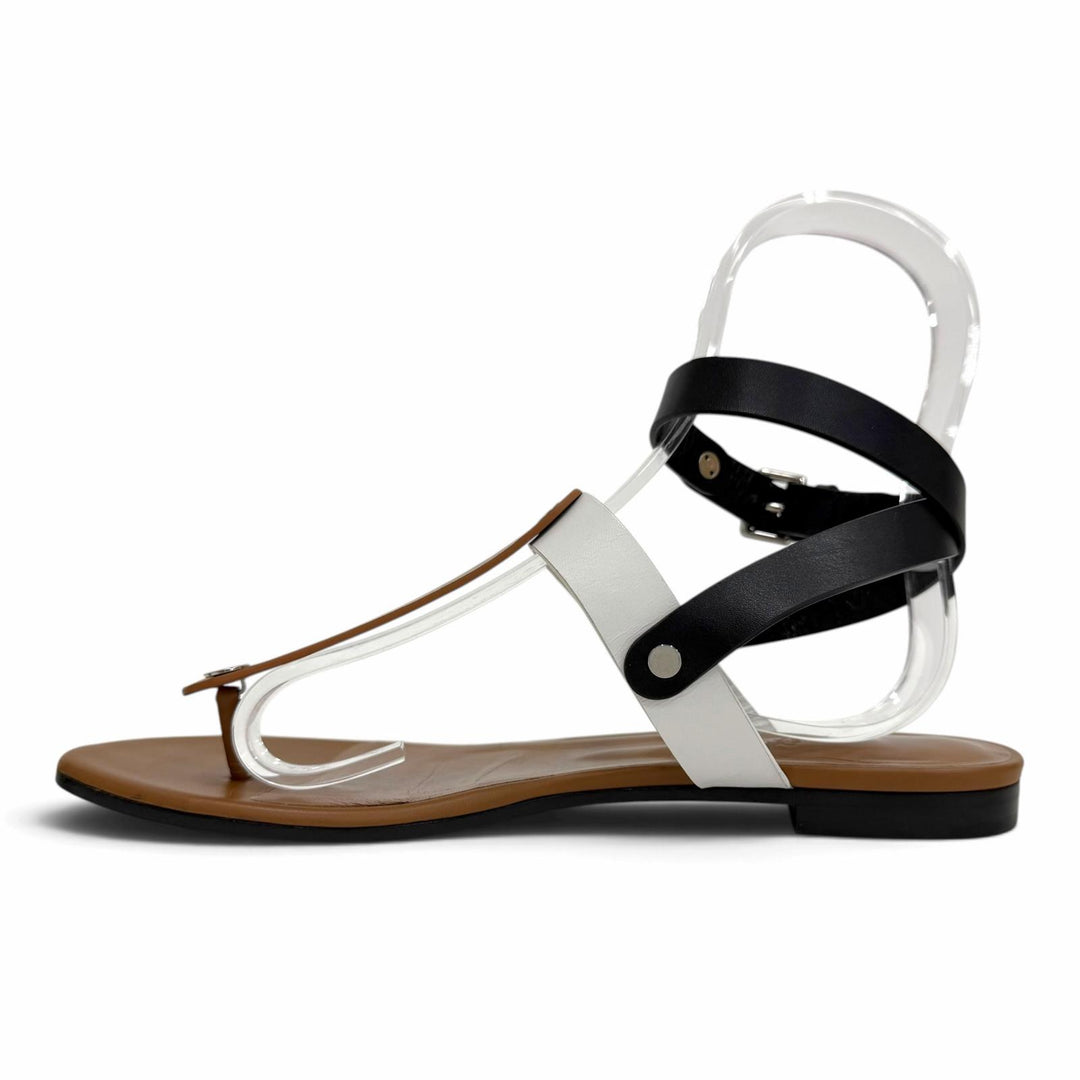 Great HERMES Sandals Sellier Button Ankle Strap Leather Thong Brown 37