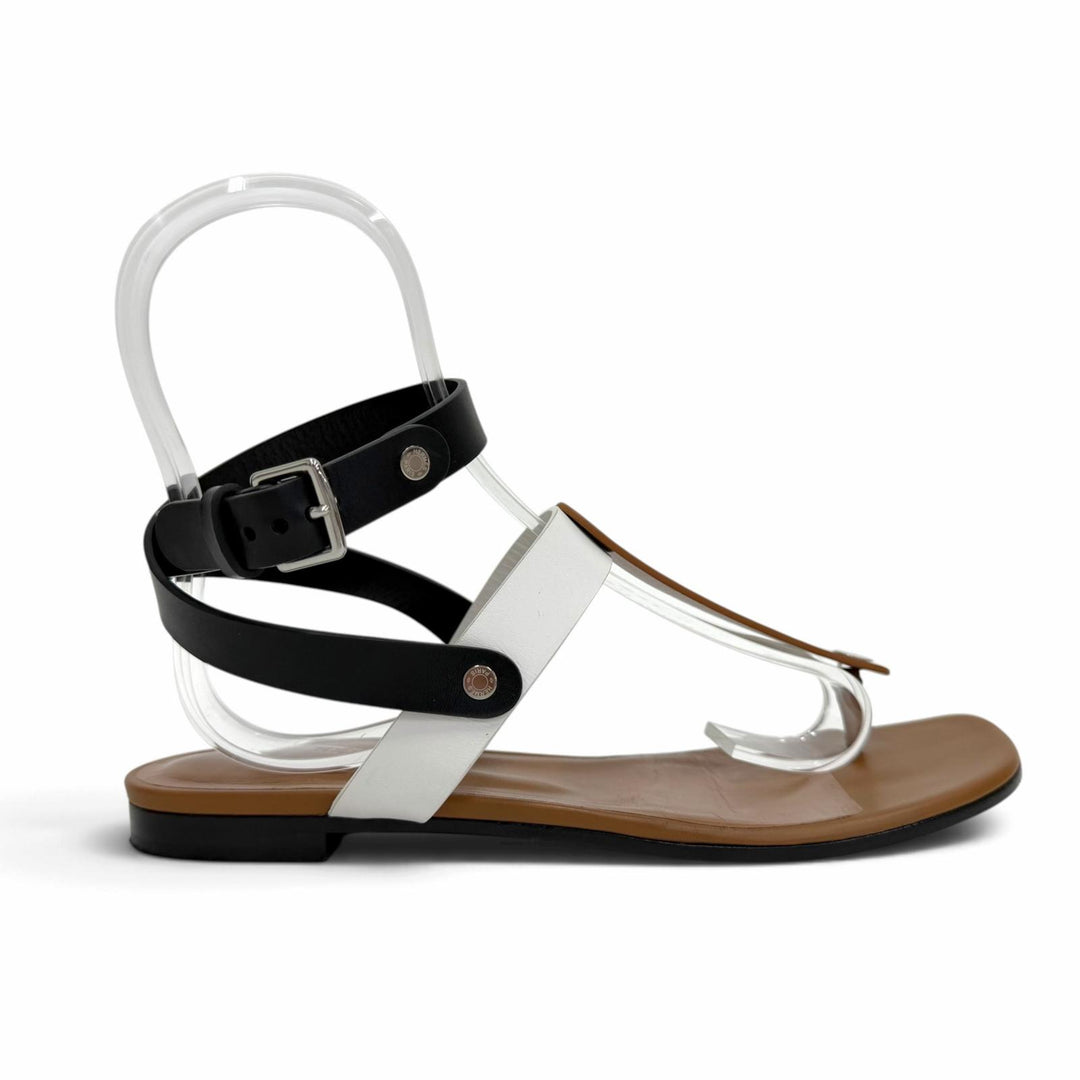 Great HERMES Sandals Sellier Button Ankle Strap Leather Thong Brown 37