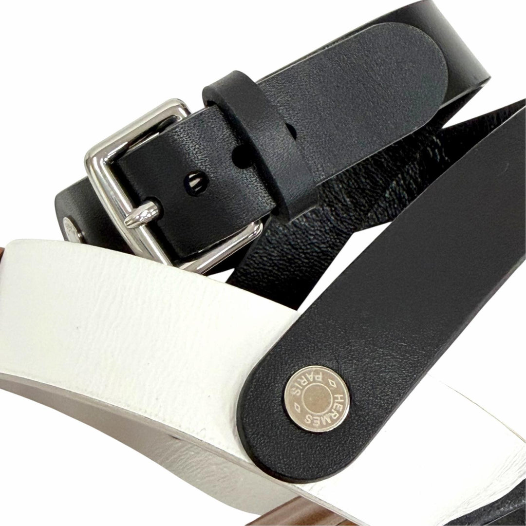 Great HERMES Sandals Sellier Button Ankle Strap Leather Thong Brown 37