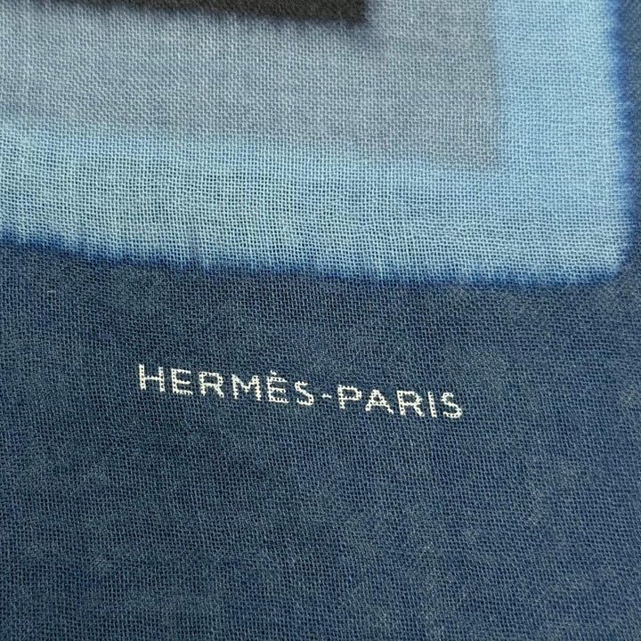 Excellent HERMES scarf Chain print large shawl/stole Navy cashmere Women