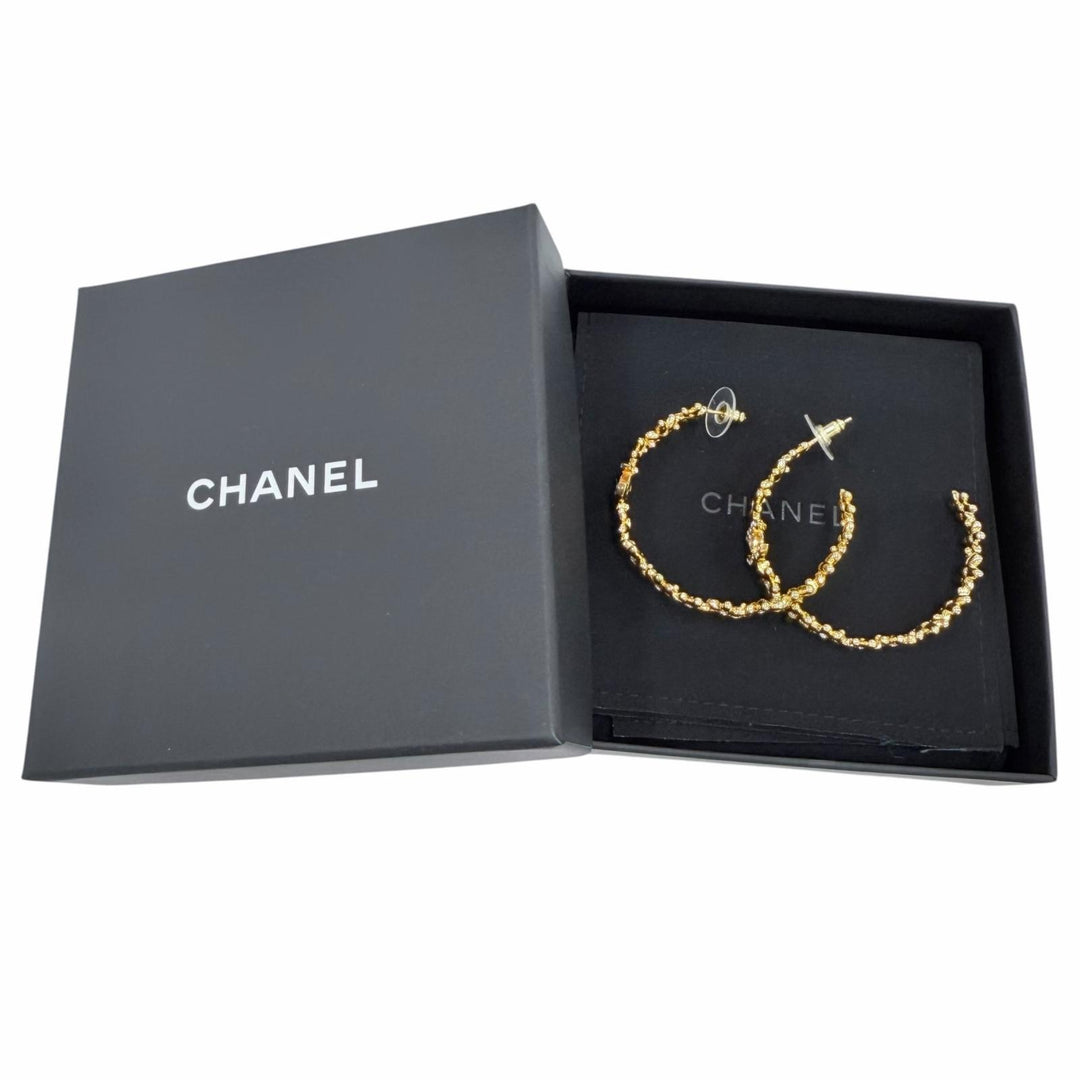Great CHANEL Pierce COCO Mark Flower Rhinestone Hoop Earrings (Accessory) I32A
