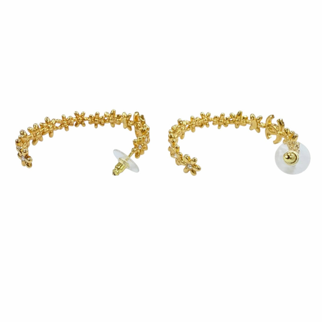 Great CHANEL Pierce COCO Mark Flower Rhinestone Hoop Earrings (Accessory) I32A