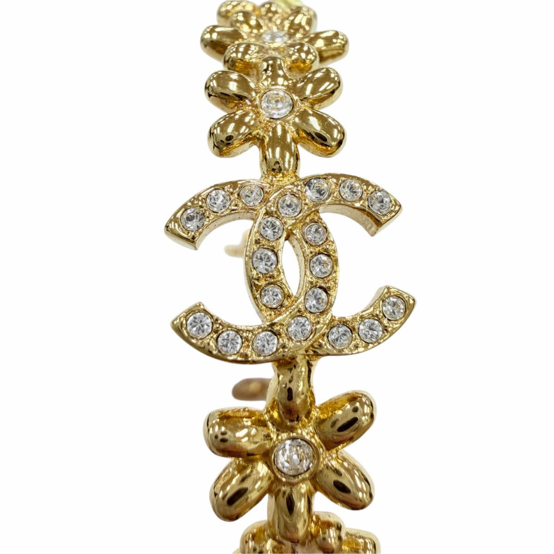 Great CHANEL Pierce COCO Mark Flower Rhinestone Hoop Earrings (Accessory) I32A
