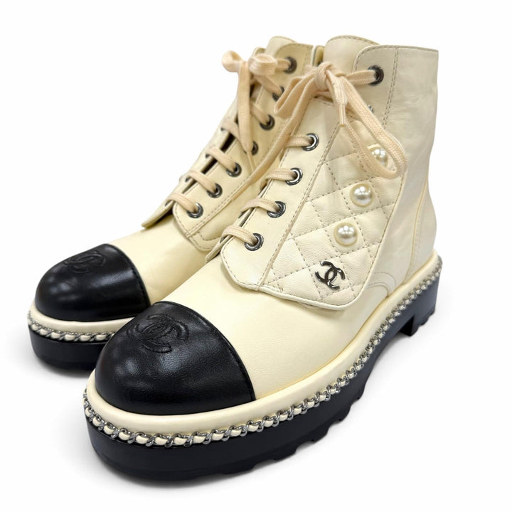 Excellent CHANEL short boots COCO Mark Eco Pearl Leather Ivory 35.5 G33188