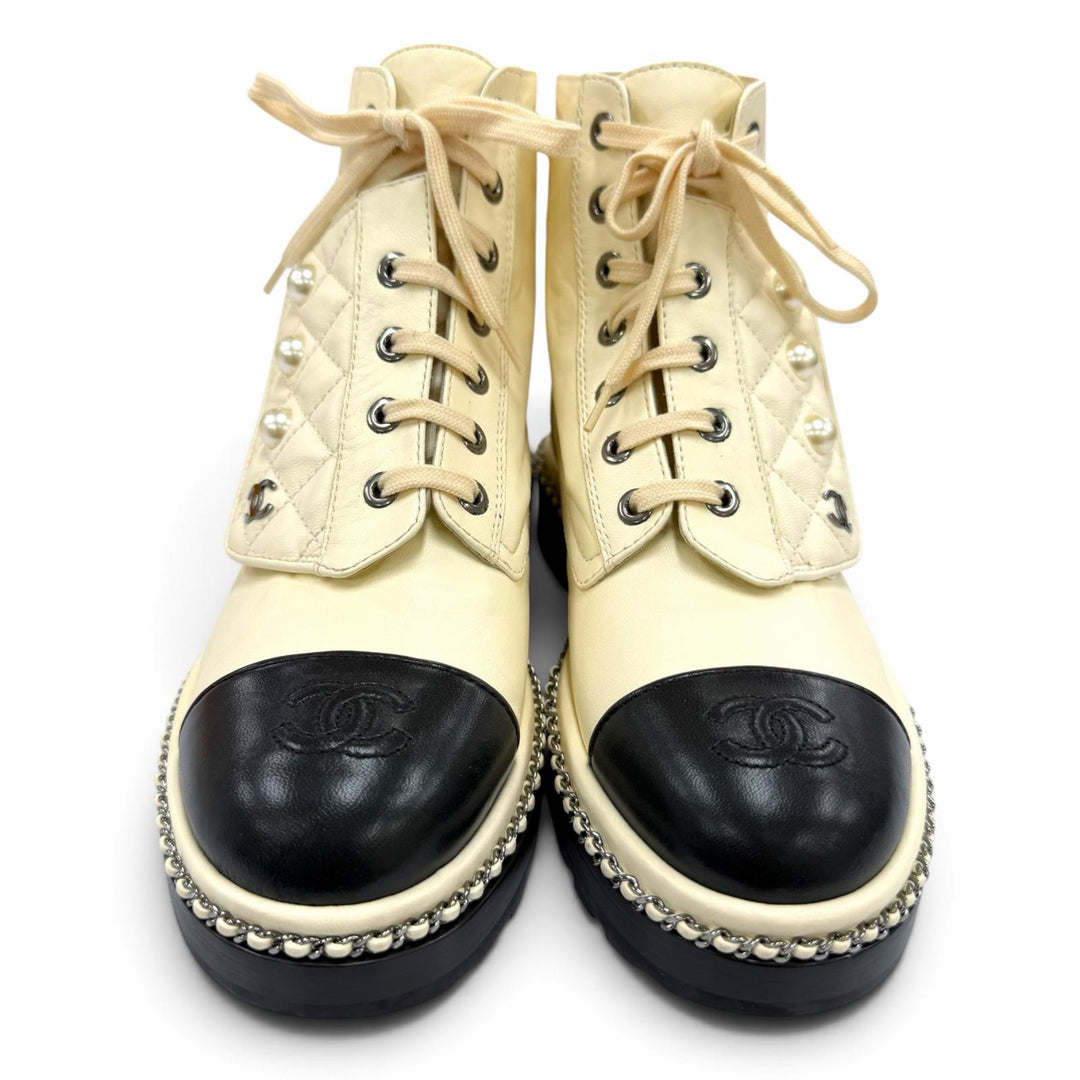 Excellent CHANEL short boots COCO Mark Eco Pearl Leather Ivory 35.5 G33188