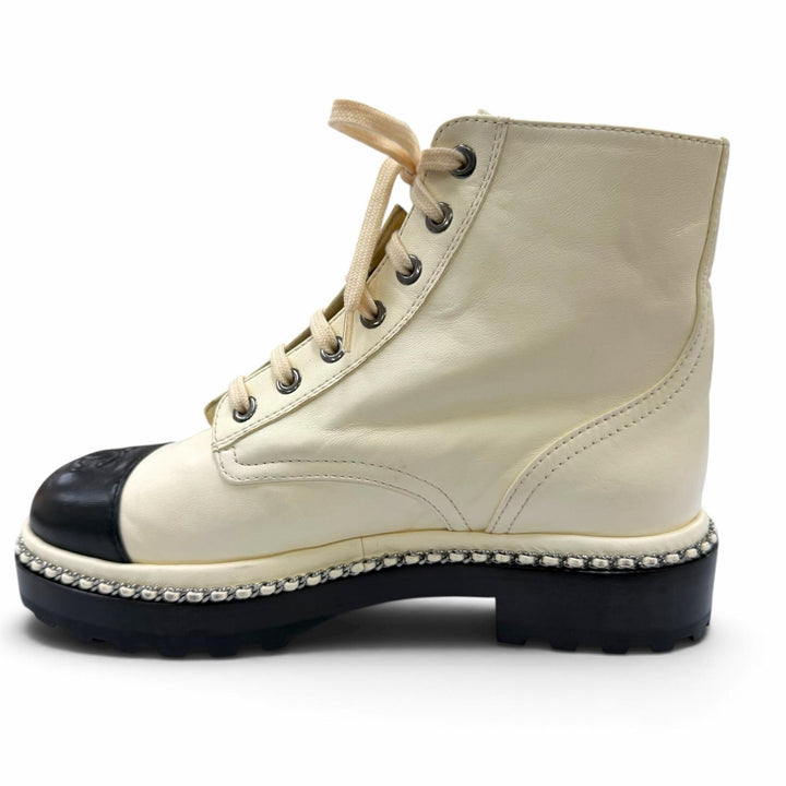Excellent CHANEL short boots COCO Mark Eco Pearl Leather Ivory 35.5 G33188