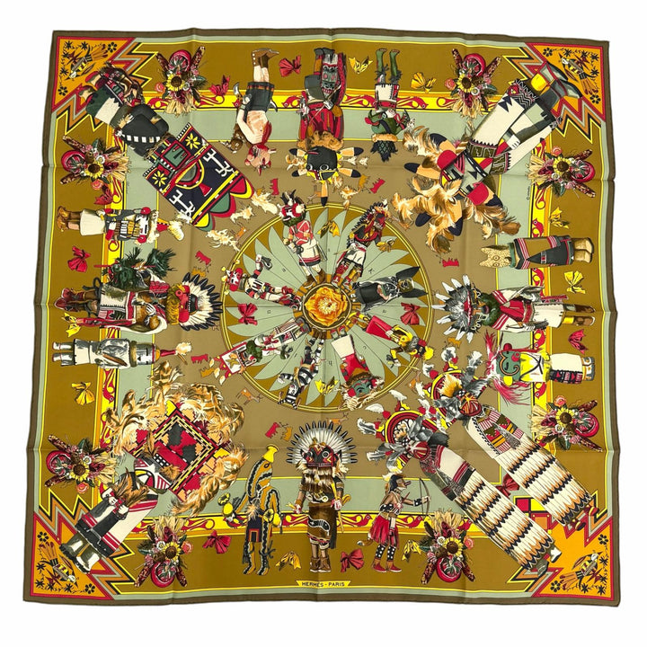 Excellent HERMES scarf Kachinas Kachinas Ethnicity Kale 90 Brown silk Women