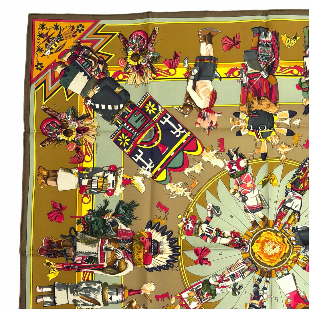 Excellent HERMES scarf Kachinas Kachinas Ethnicity Kale 90 Brown silk Women
