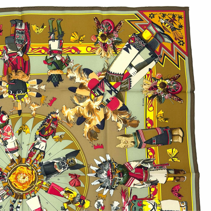 Excellent HERMES scarf Kachinas Kachinas Ethnicity Kale 90 Brown silk Women