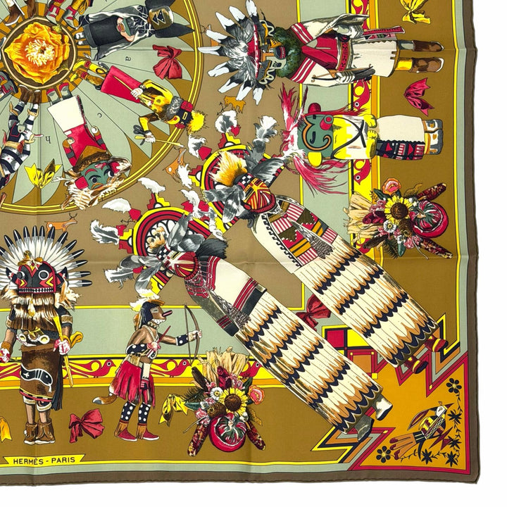 Excellent HERMES scarf Kachinas Kachinas Ethnicity Kale 90 Brown silk Women