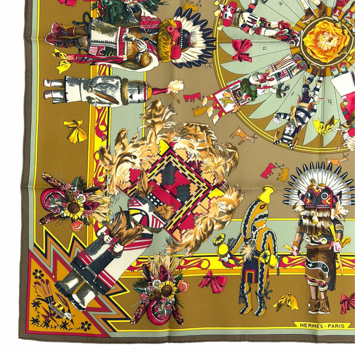 Excellent HERMES scarf Kachinas Kachinas Ethnicity Kale 90 Brown silk Women