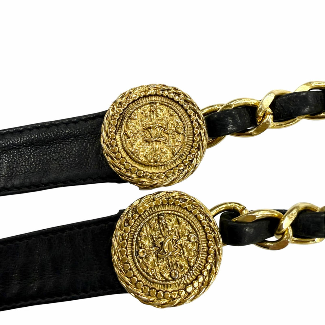 Very Good CHANEL belt COCO Mark Leather Chain Ribbon gold leather Women