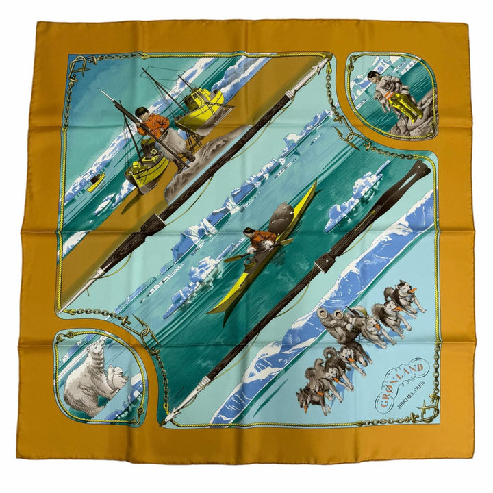 Excellent HERMES scarf GRONLAND Greenland Yellow silk Women