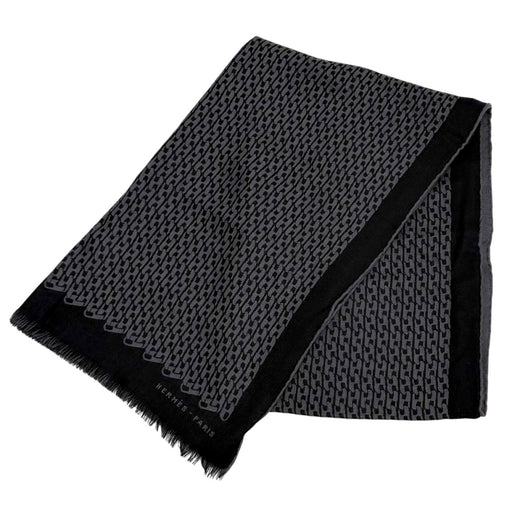 Excellent HERMES Stall Logo-emblazoned Chain Pattern with fringe black cashmere