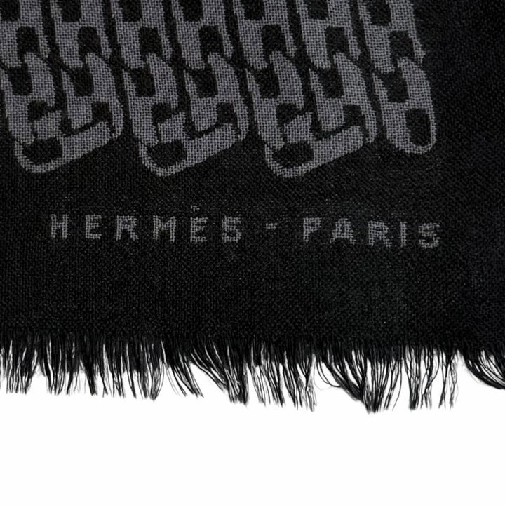 Excellent HERMES Stall Logo-emblazoned Chain Pattern with fringe black cashmere