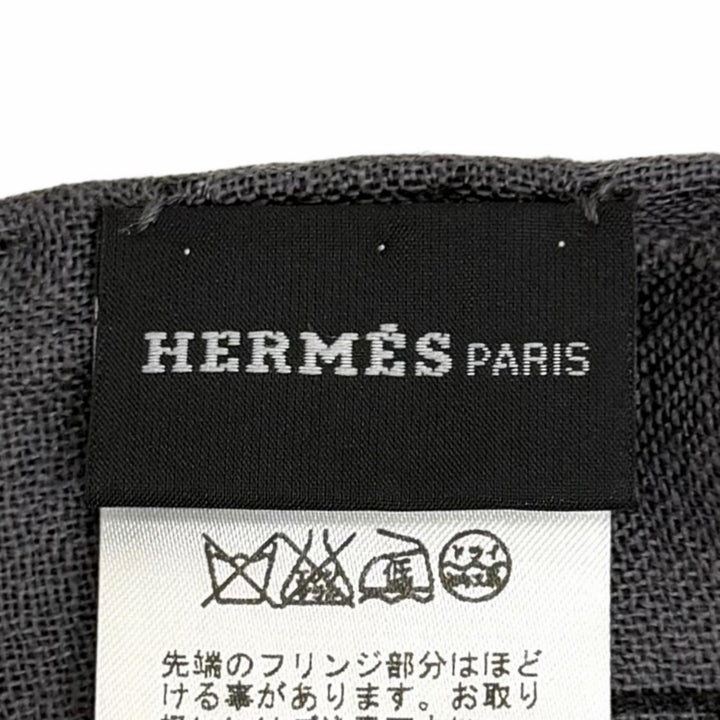 Excellent HERMES Stall Logo-emblazoned Chain Pattern with fringe black cashmere