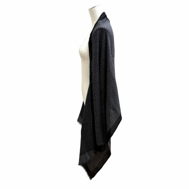 Excellent HERMES Stall Logo-emblazoned Chain Pattern with fringe black cashmere