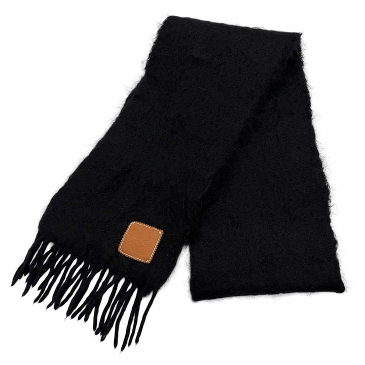 Great LOEWE Scarf Leather anagram patch with fringe black mohair Women