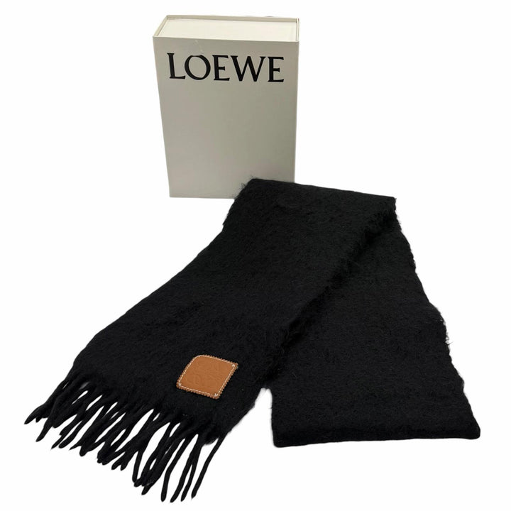 Great LOEWE Scarf Leather anagram patch with fringe black mohair Women