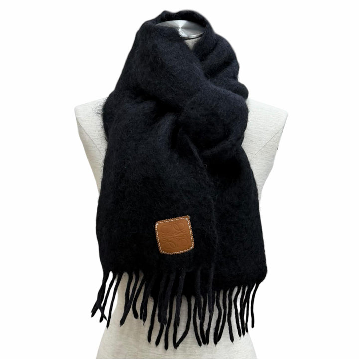 Great LOEWE Scarf Leather anagram patch with fringe black mohair Women