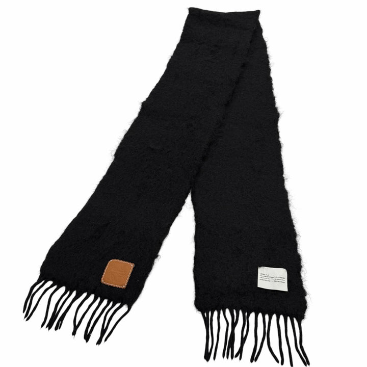 Great LOEWE Scarf Leather anagram patch with fringe black mohair Women