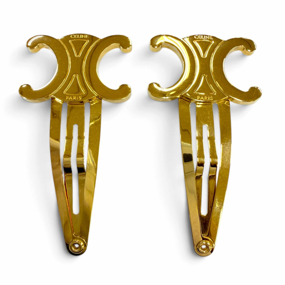 Great CELINE hair accessory Set of 2 snap hair clips Triomphe gold metal Women