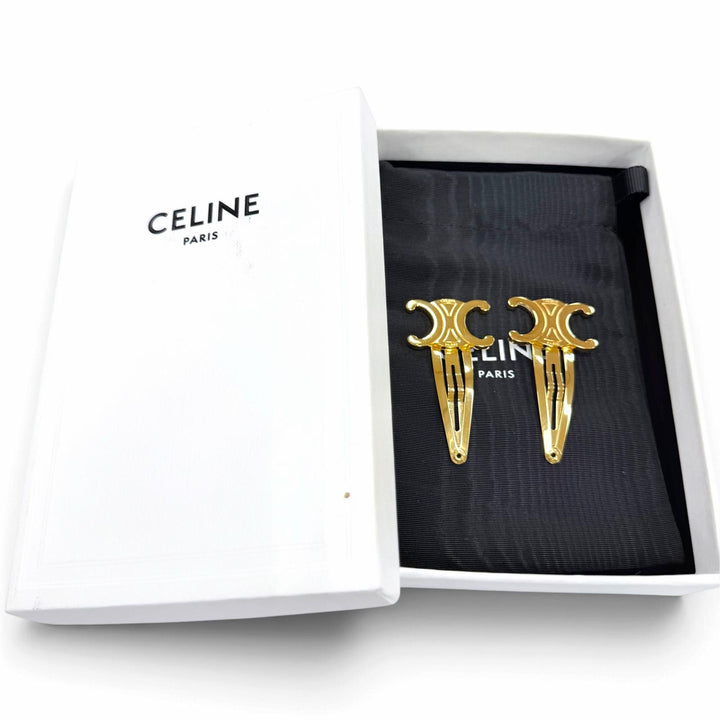 Great CELINE hair accessory Set of 2 snap hair clips Triomphe gold metal Women