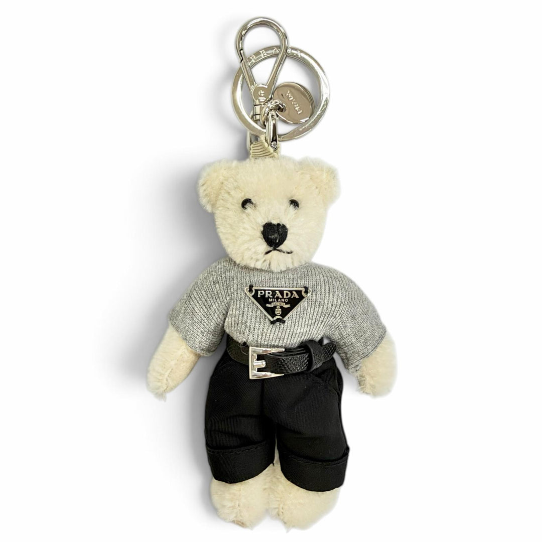 Great PRADA key ring Metal Ring Teddy Key Chain Charm Triangle Logo white 2TO051