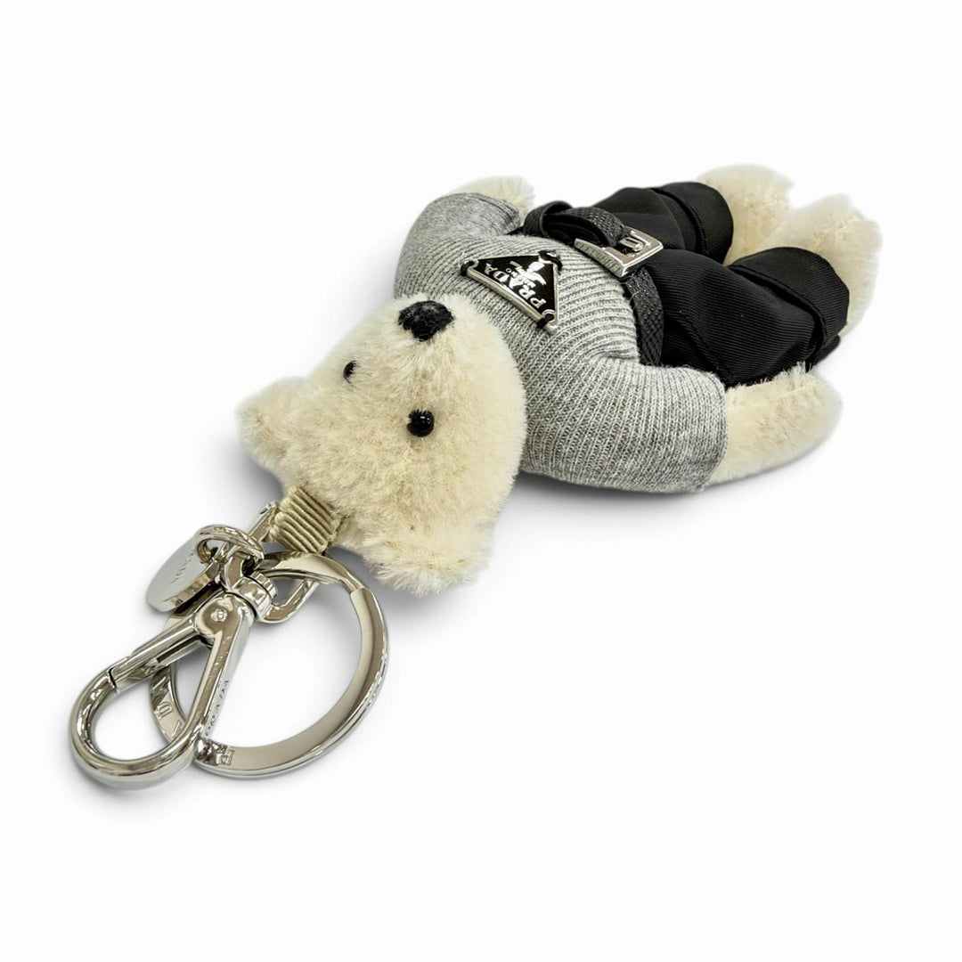 Great PRADA key ring Metal Ring Teddy Key Chain Charm Triangle Logo white 2TO051