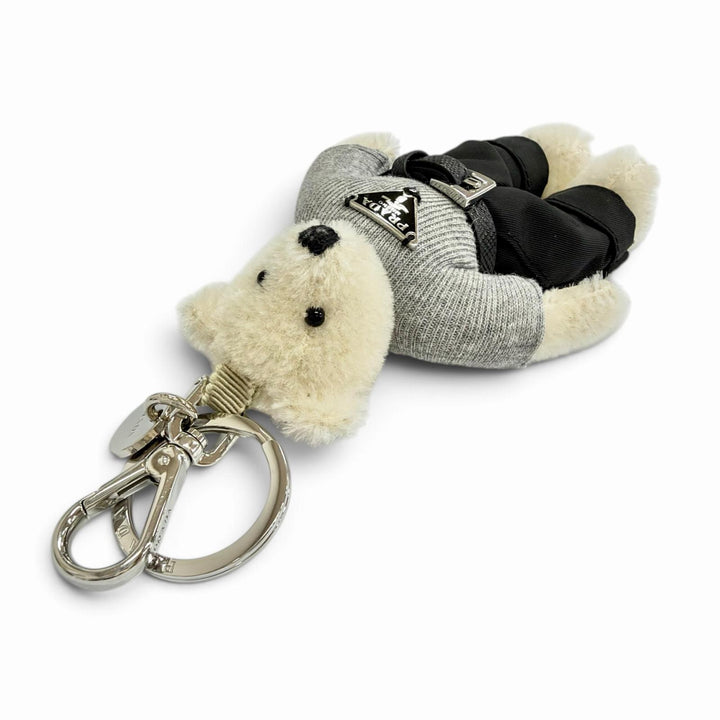 Great PRADA key ring Metal Ring Teddy Key Chain Charm Triangle Logo white 2TO051