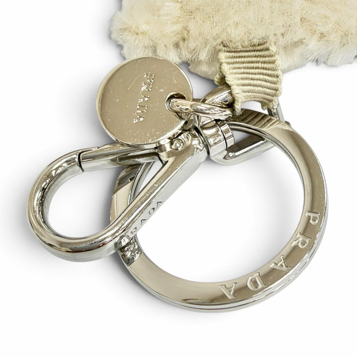 Great PRADA key ring Metal Ring Teddy Key Chain Charm Triangle Logo white 2TO051