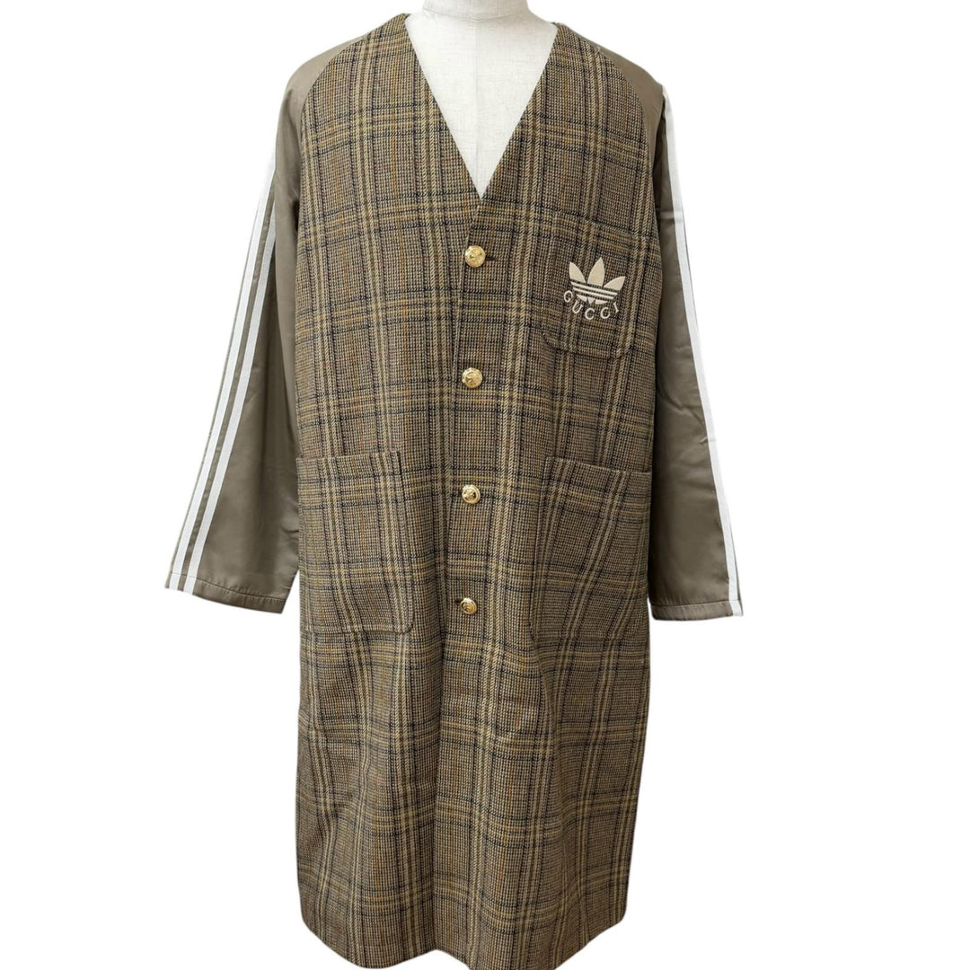 Excellent GUCCI adidas coat Three-stripe nylon panel collarless Brown wool 46