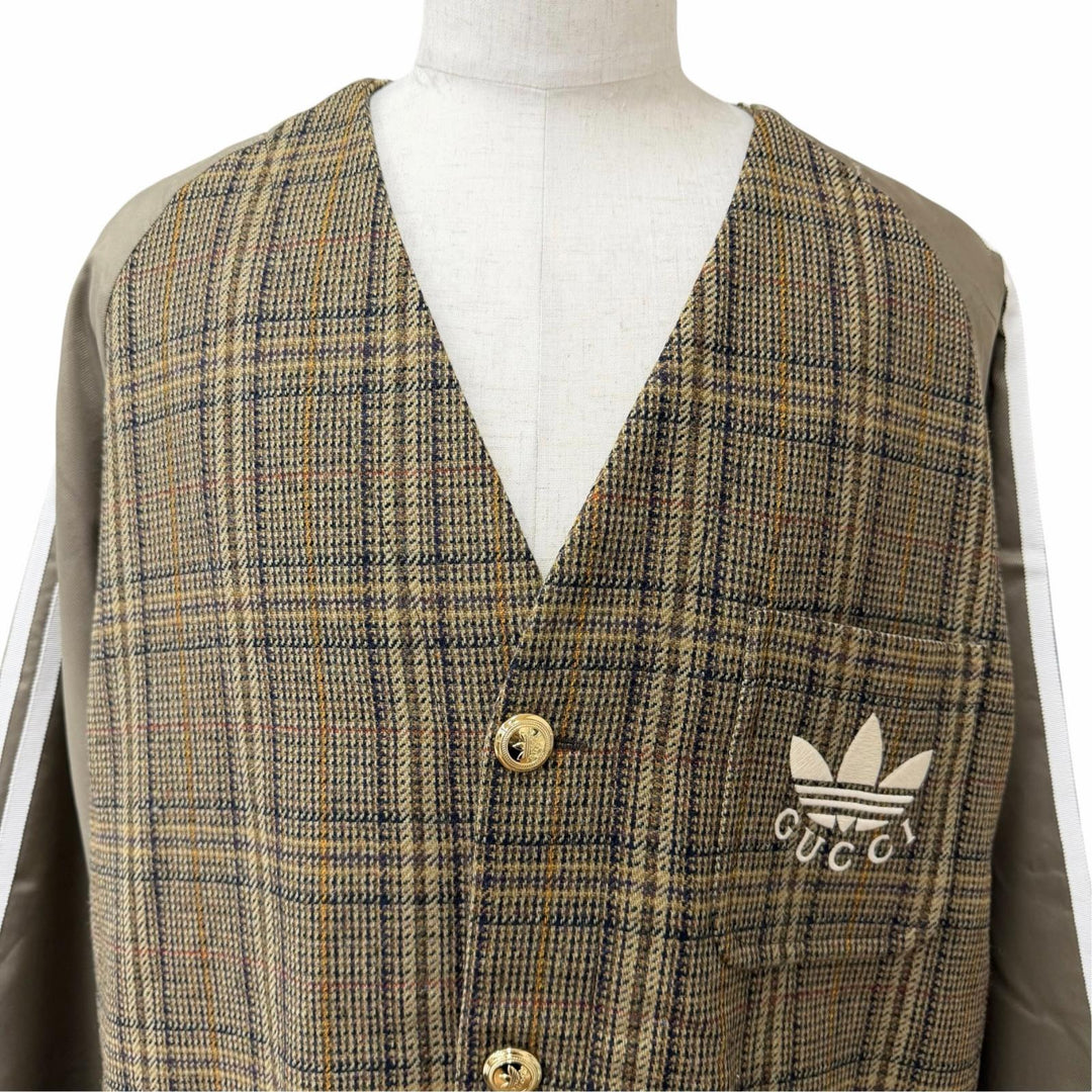 Excellent GUCCI adidas coat Three-stripe nylon panel collarless Brown wool 46